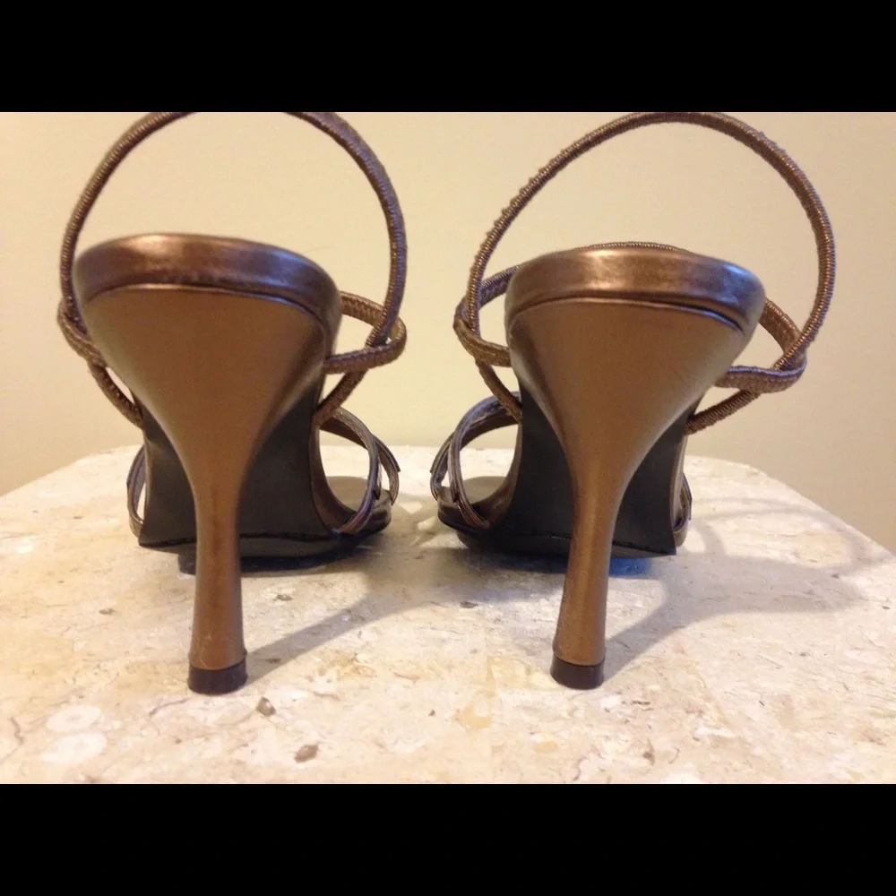 Metallic Bronze Heels Strappy Stiletto Party Sandals Shimmer Elastic Size 6.5M
